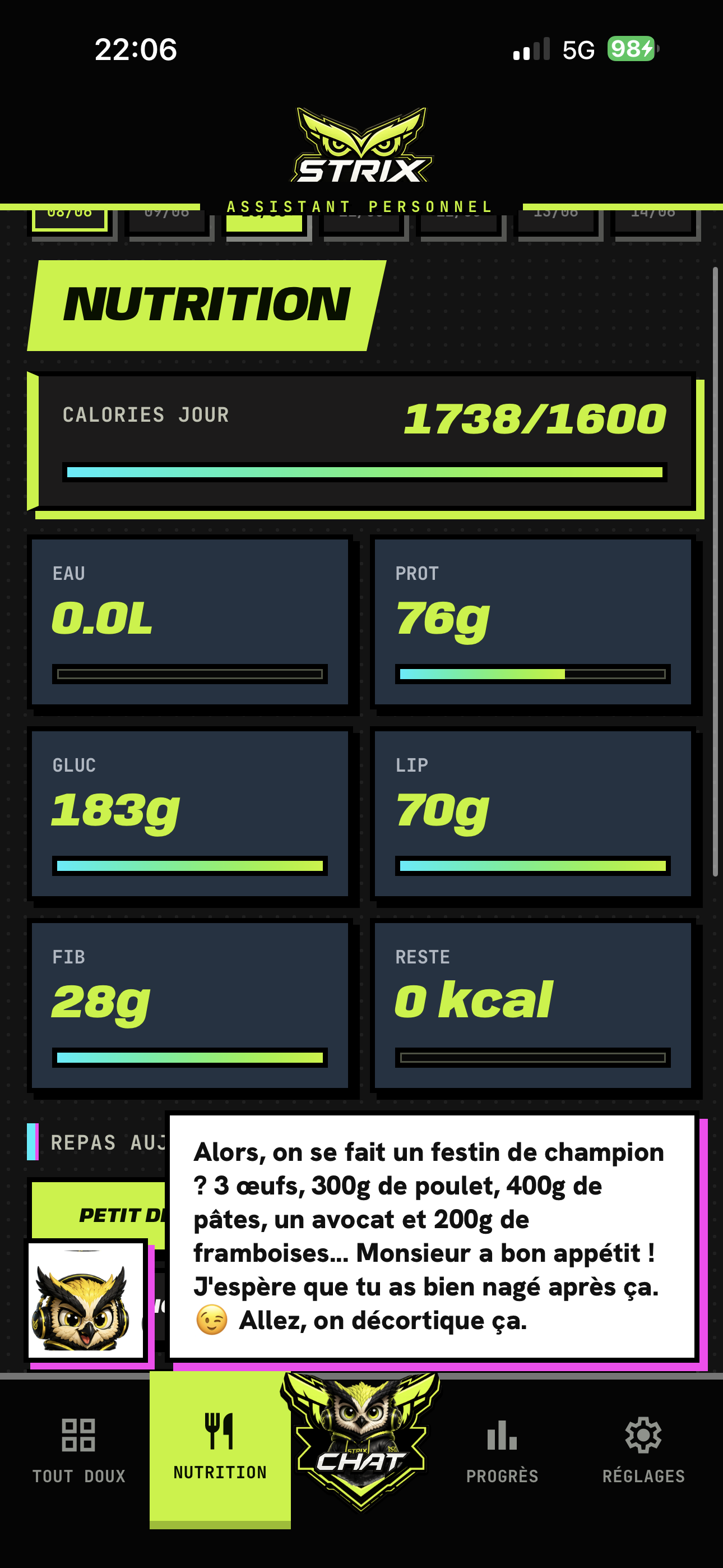 Écran Nutrition de l'app STRIX